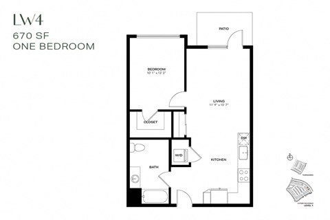 Floor plan for 1 bed, 1 bath, 670 sqft